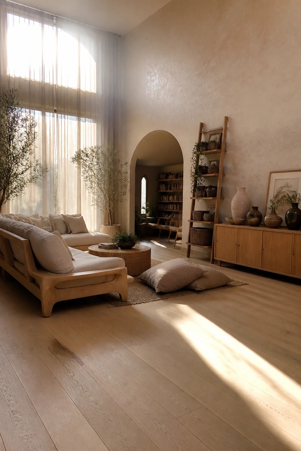 A living room interior with a light wood sofa, round woven coffee table, tall sheer curtains on large windows, and sunlight casting long shadows across the floor.