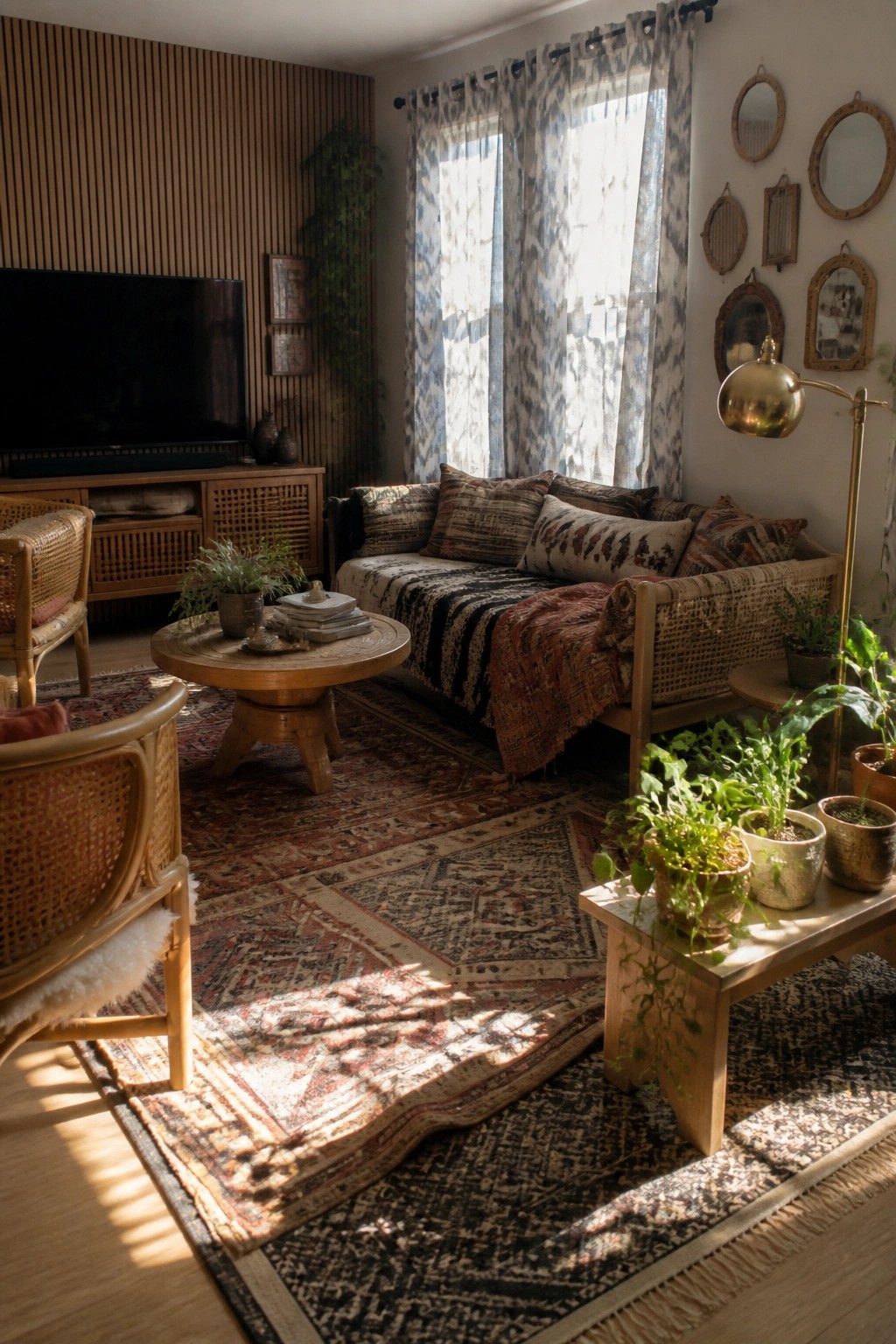 A living room with a rattan sofa, round wooden coffee table, two wicker chairs, layered patterned rugs, sheer patterned curtains on the windows, and multiple potted plants.