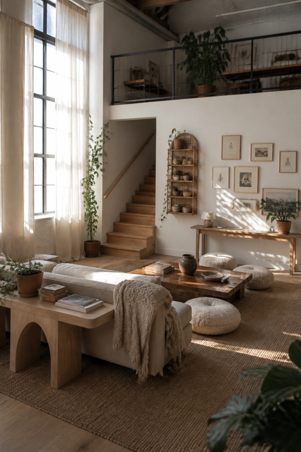 A bright living room with tall windows covered in sheer white curtains, light wood furniture, a staircase, and multiple houseplants on a woven rug.