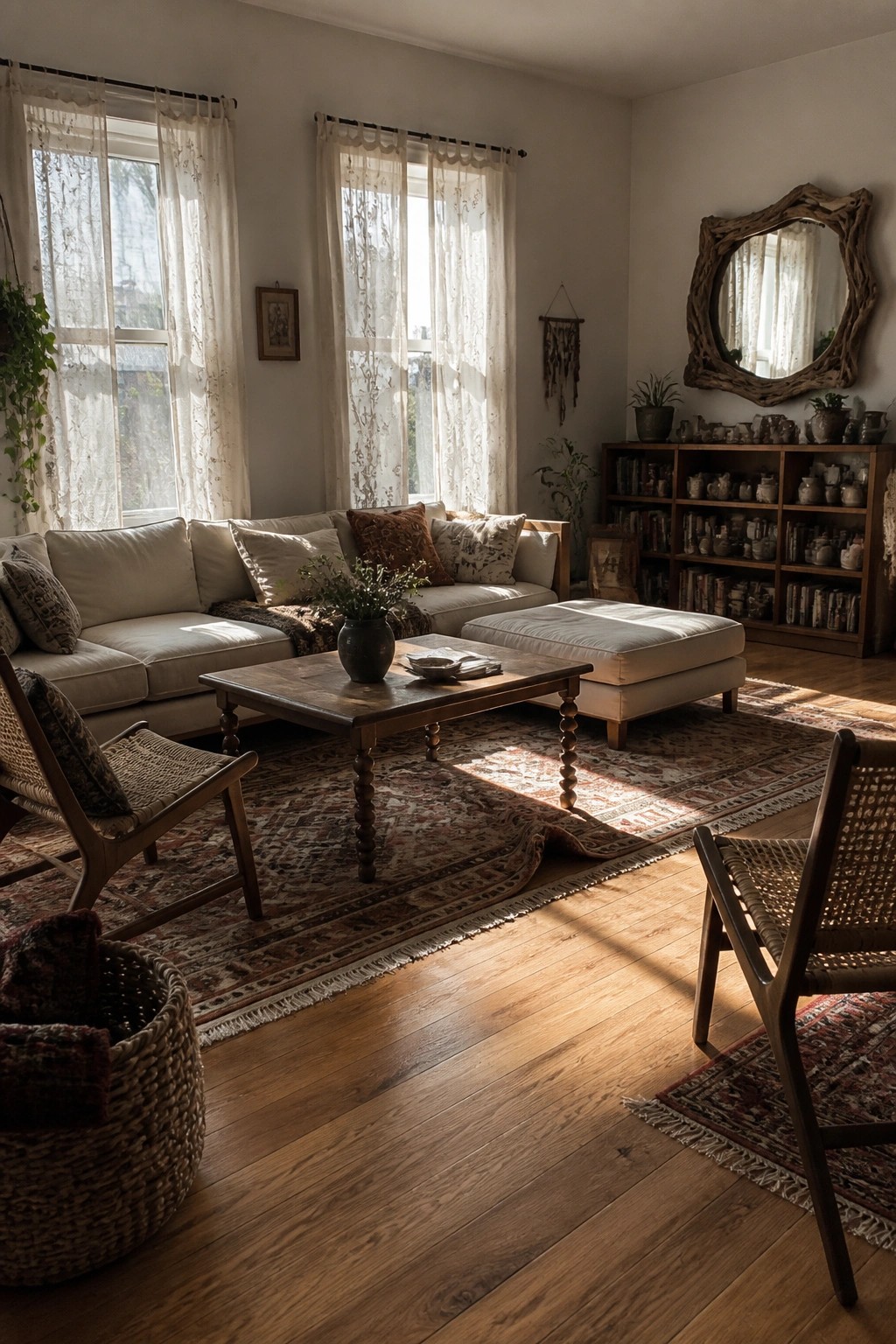 A living room with a light sectional sofa, wooden coffee table, patterned rug, woven chairs, and multiple windows covered in sheer white curtains.