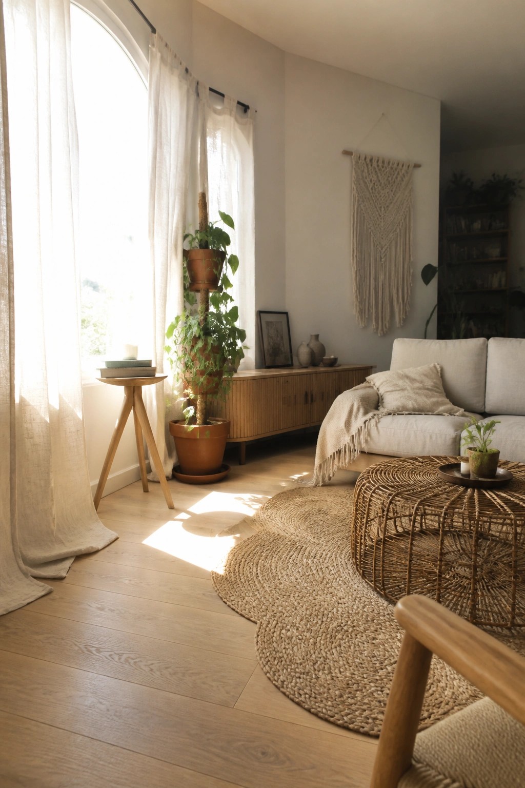 A bright living room interior with sheer white curtains on a large arched window, light wood flooring, a light-colored sofa, woven coffee table, macrame wall hanging, and multiple potted plants.