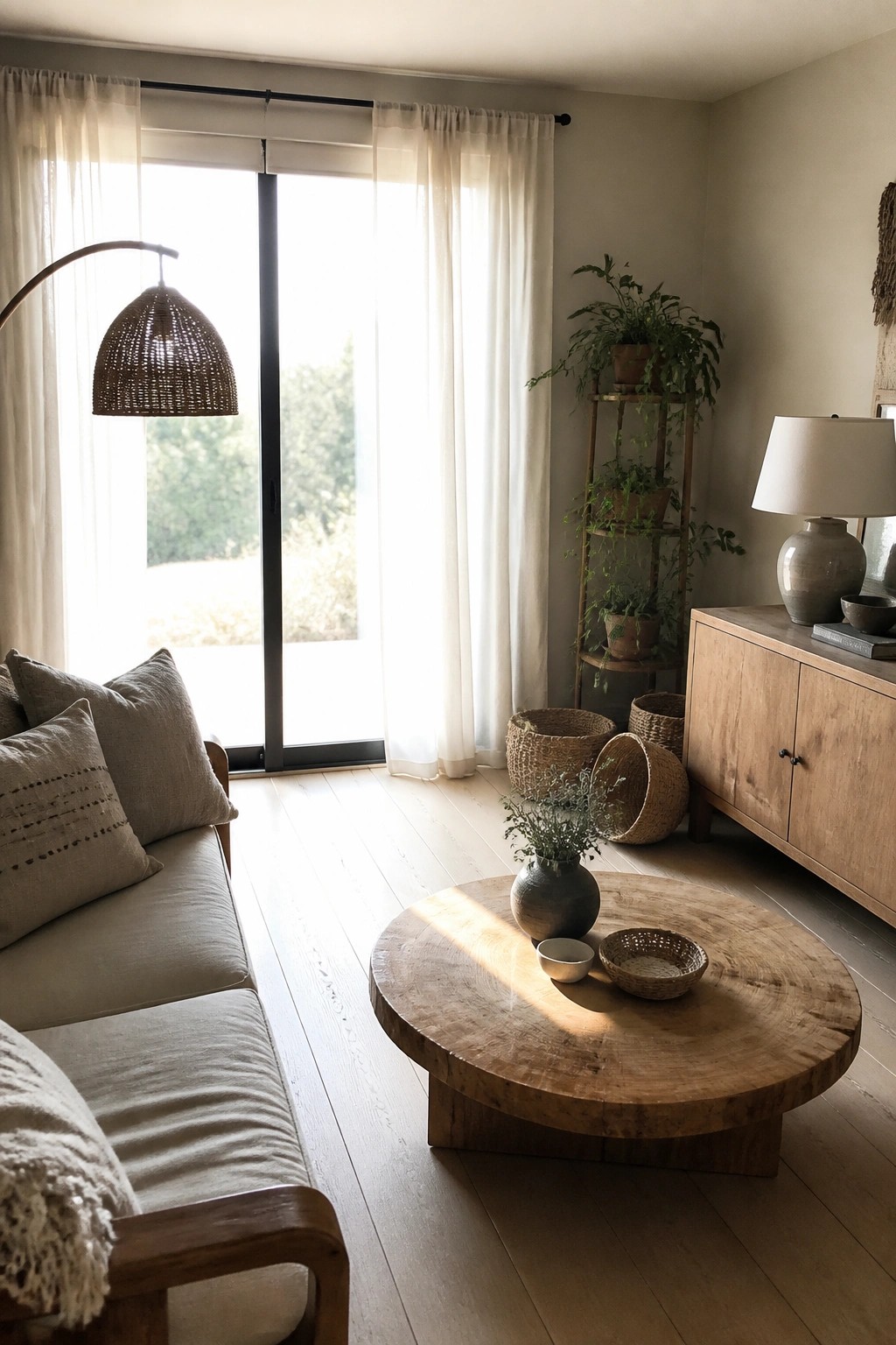 A living room with a light wood round coffee table, beige sofa, woven floor lamp, wooden sideboard, and floor-to-ceiling sheer white curtains over sliding glass doors.