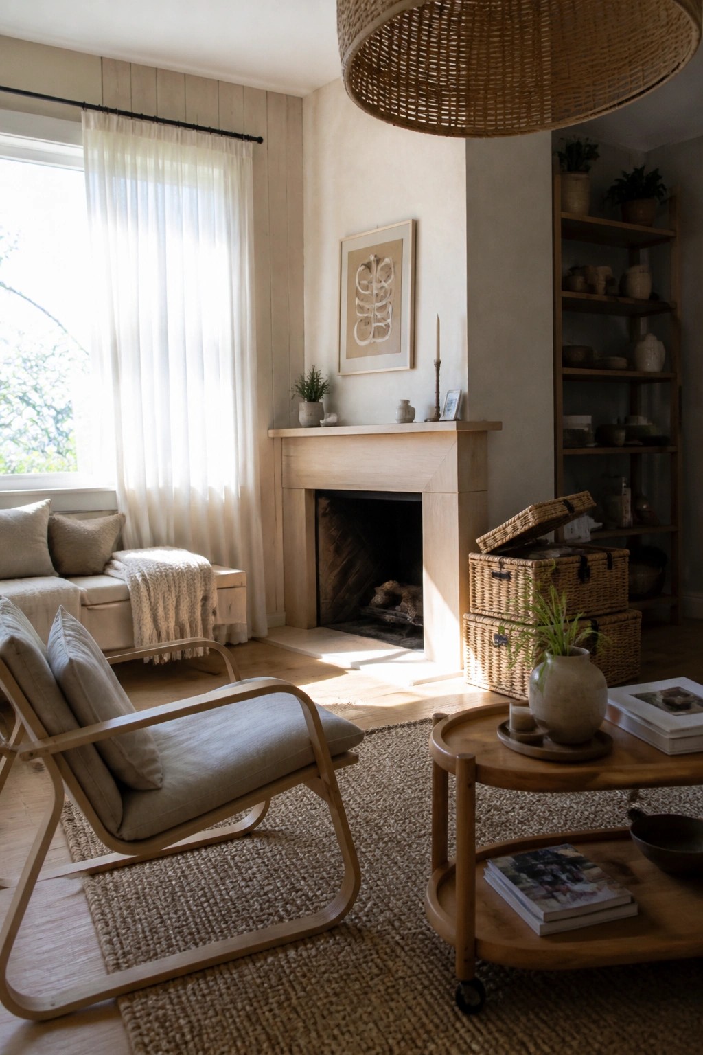 A living room with sheer white curtains on a window, a light wood armchair on a woven rug, and a light wood fireplace mantel.