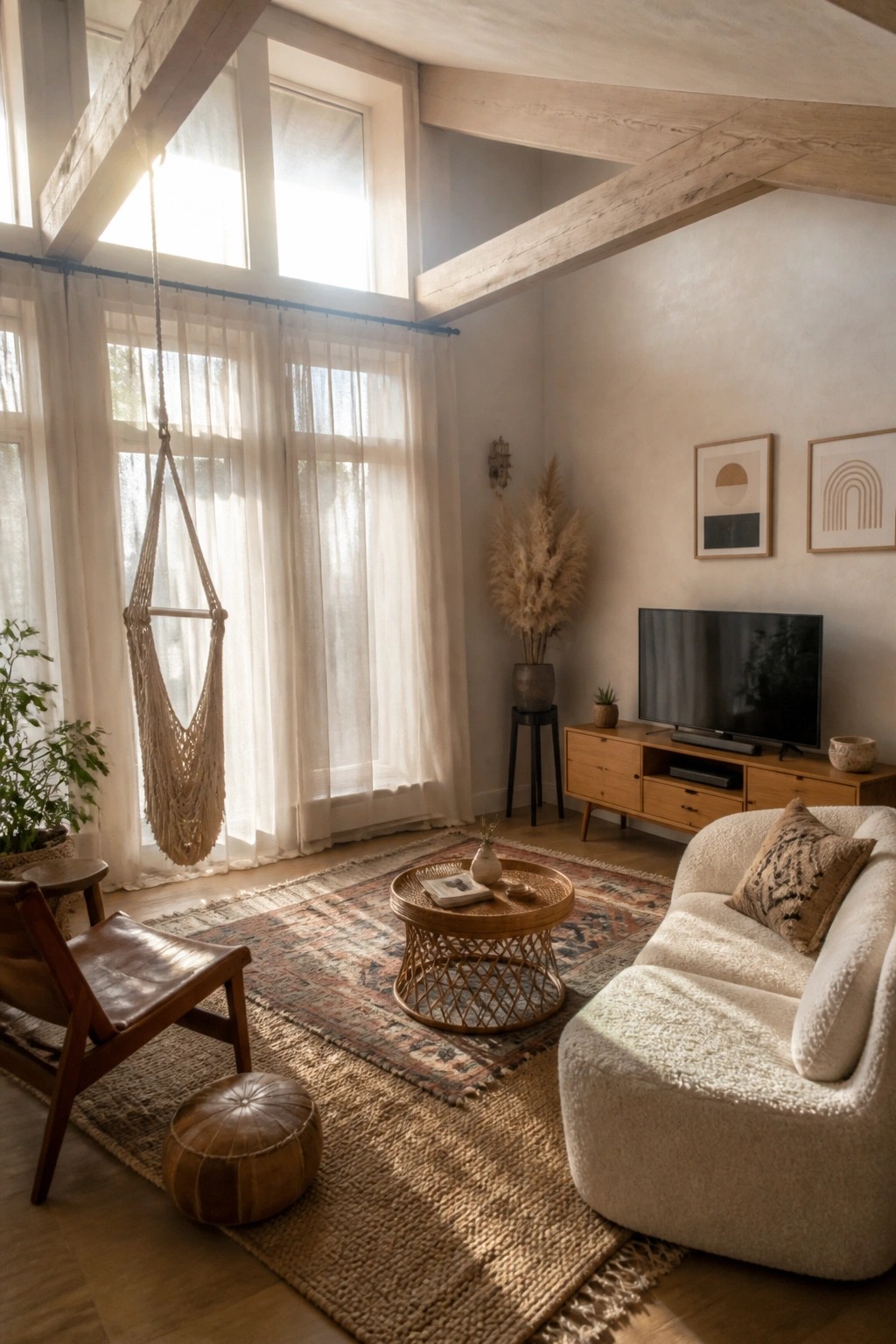 A living room with large windows covered by sheer white curtains, a hanging macrame chair, light wood ceiling beams, a white bouclé sofa, a round wooden coffee table on layered rugs, and a light wood media console with a television.