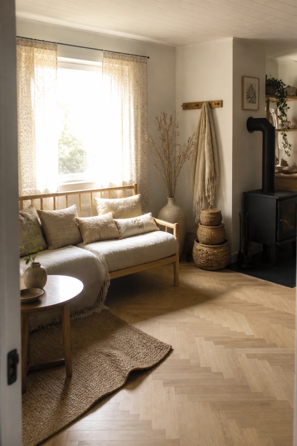 A bright living room corner featuring a light wood daybed with neutral cushions, sheer patterned curtains on a large window, and light wood flooring.
