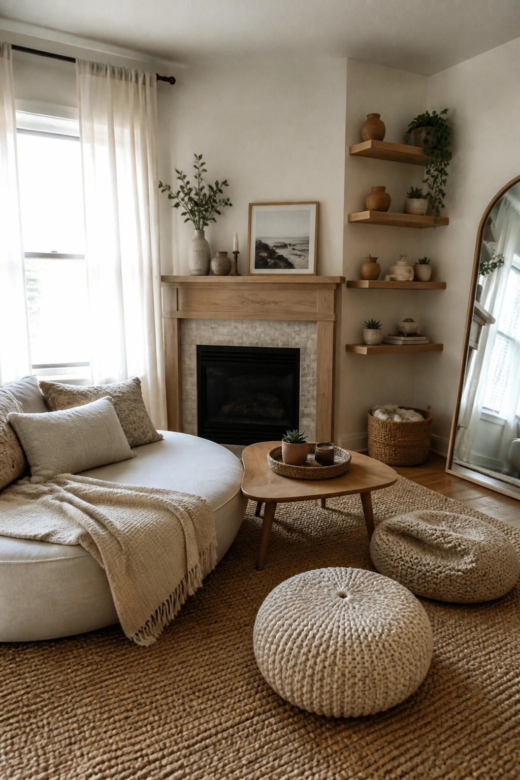 A boho-style living room featuring a light wood fireplace mantel, round sofa with neutral pillows and throw, wooden coffee table, woven floor poufs, floating wood shelves, and sheer white curtains on the window.