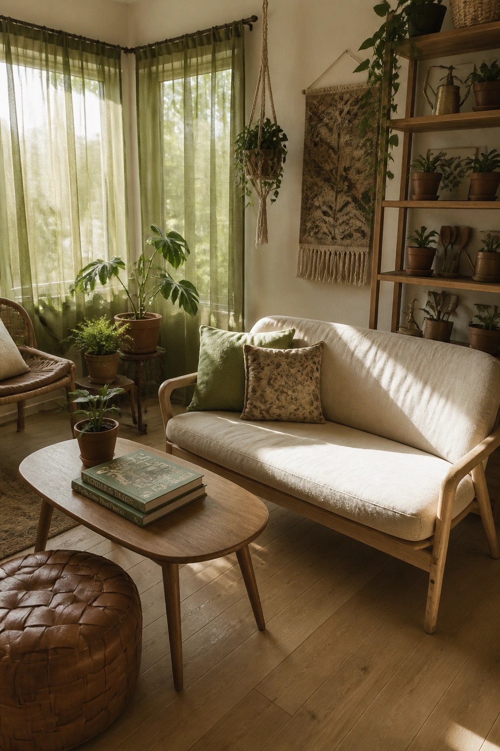 A living room featuring a light wood sofa with beige cushions, sheer green curtains on two windows, several potted plants, a wooden coffee table, and a woven pouf on a light wood floor.