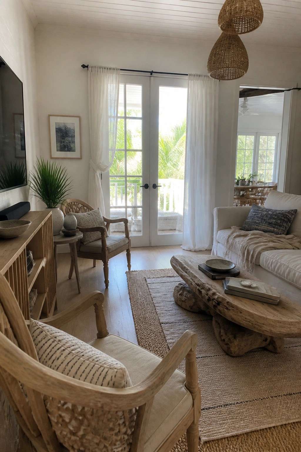 A bright living room with light wood furniture, a white sofa, sheer white curtains on French doors, and a rustic wood coffee table on a jute rug.