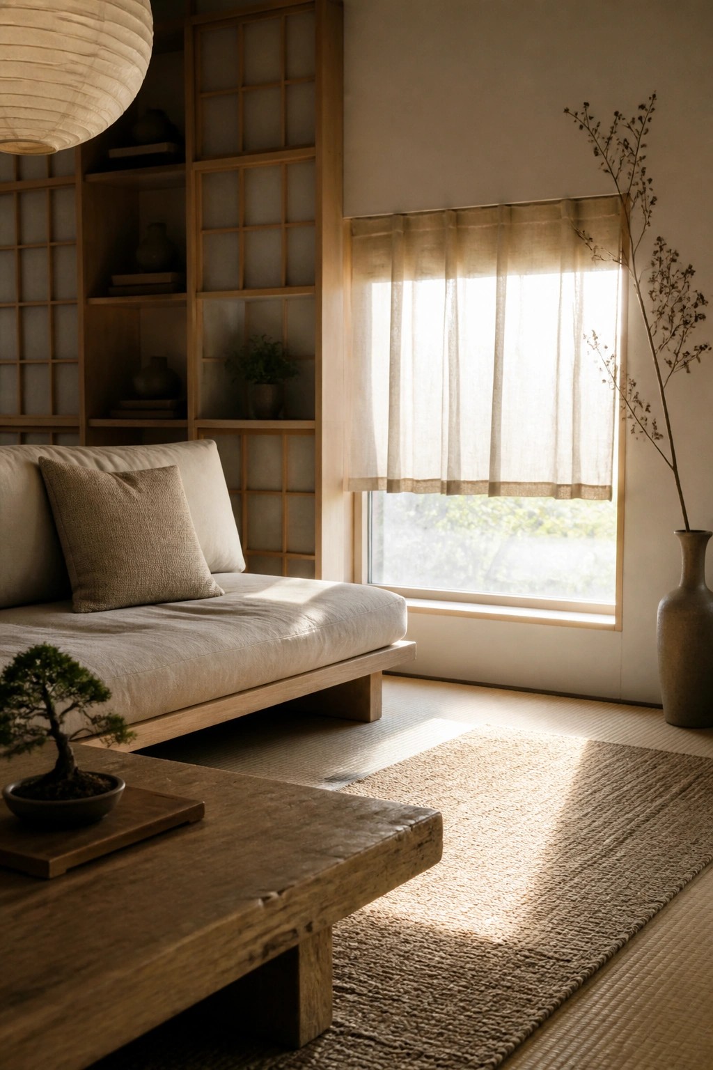 A minimalist living room with a light wood sofa, sheer linen curtains on a large window, tatami mats, and a low wooden coffee table holding a small bonsai.