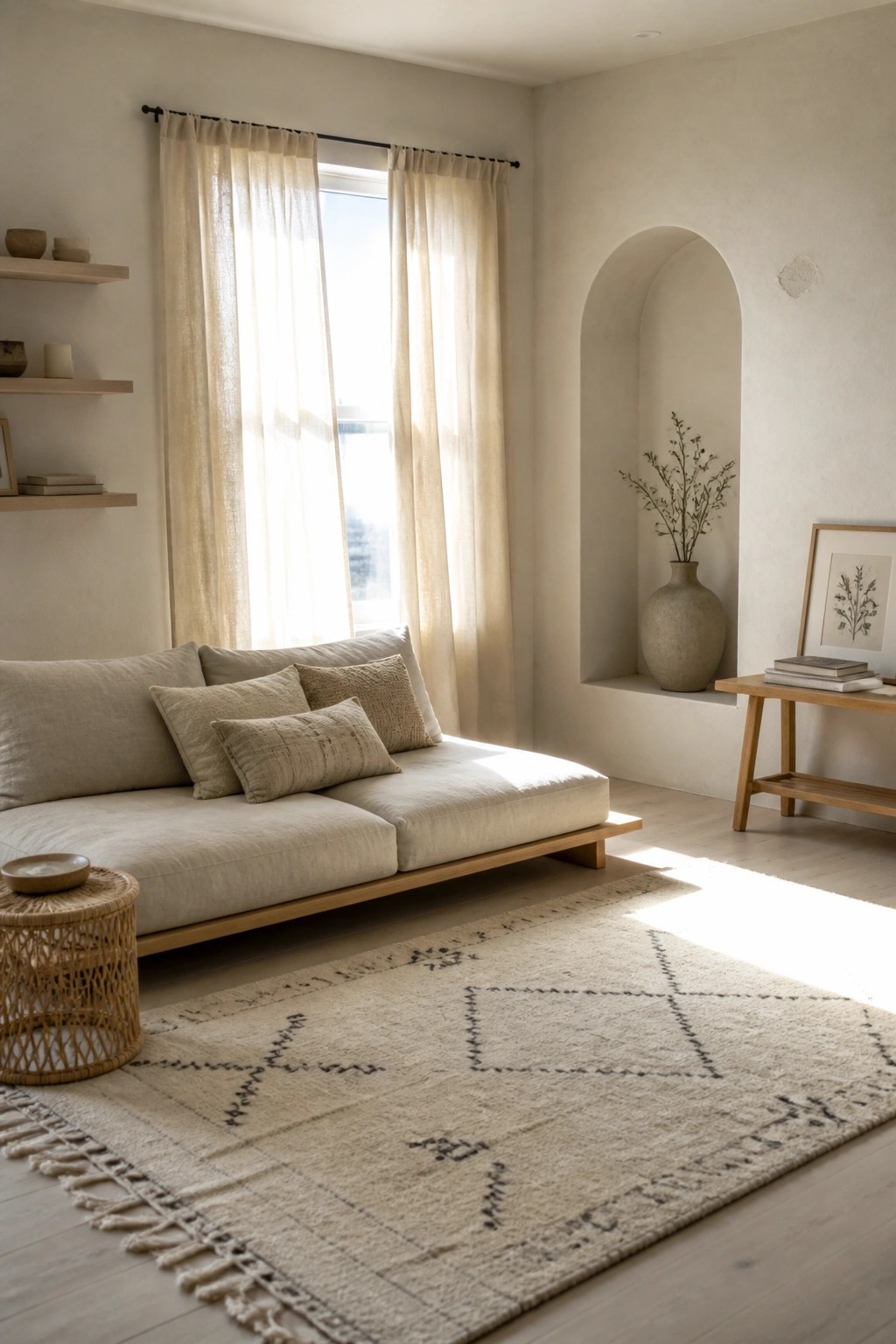 A living room featuring a low light wood sofa with beige cushions, sheer off-white curtains on a window, a patterned beige rug, and a woven side table.