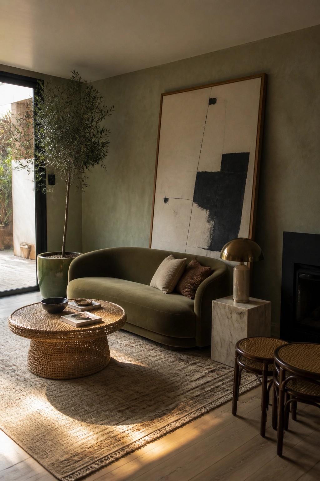 Modern living room with olive sofa, abstract painting, woven table, and marble pedestal.