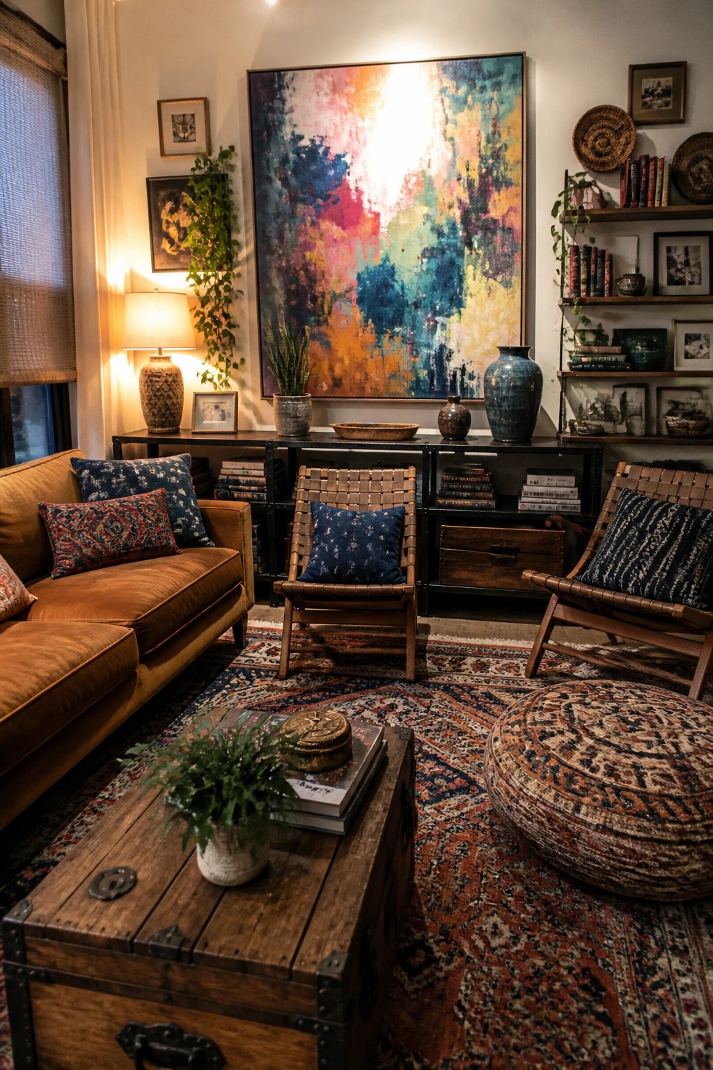 Cozy living room with leather sofa, woven chairs, vibrant abstract painting, and patterned rug.