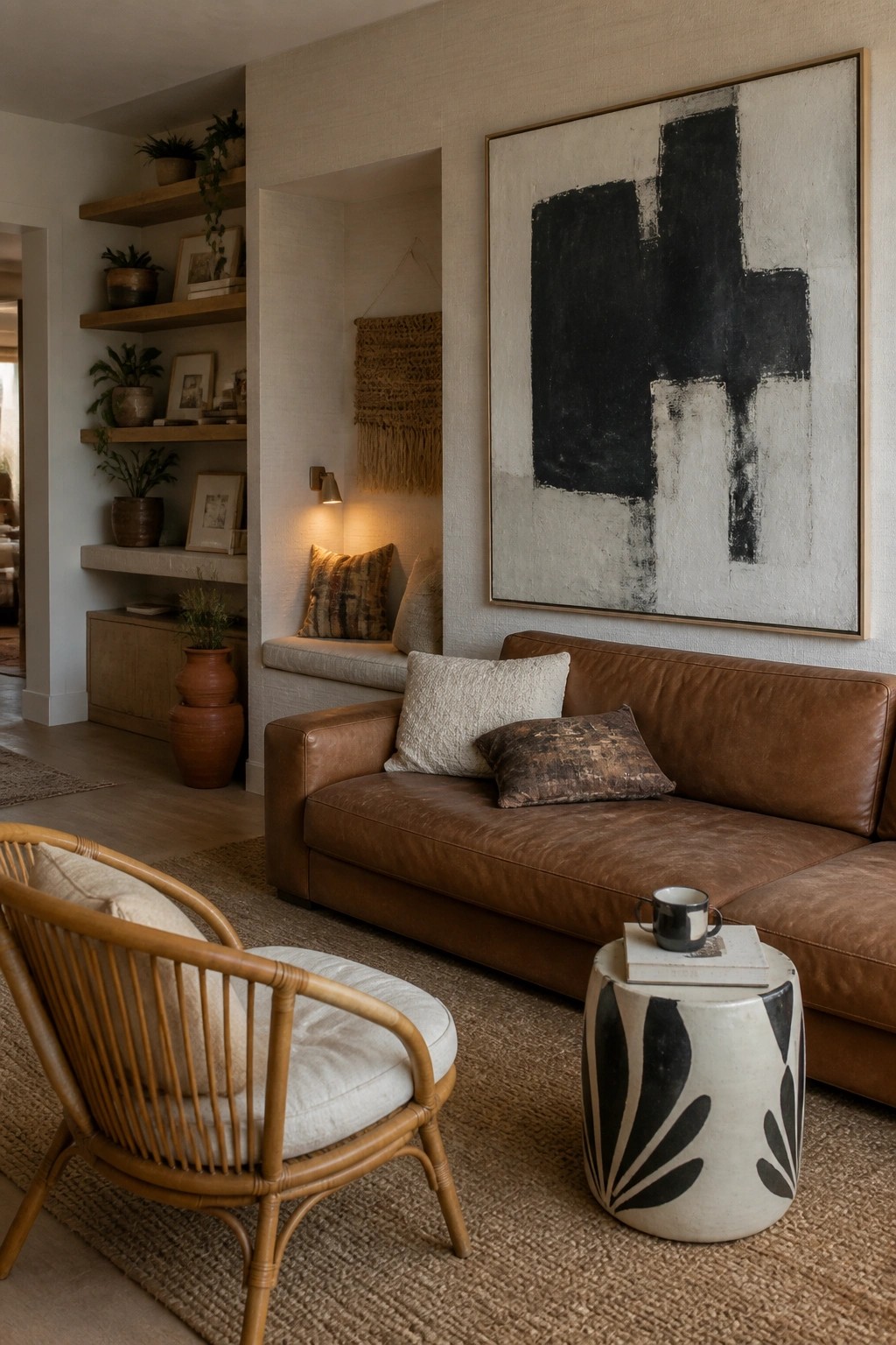 A living room featuring a brown leather sofa beneath a large black and white abstract painting, with a rattan chair in the foreground and built-in wooden shelves holding plants and decor on the left wall.
