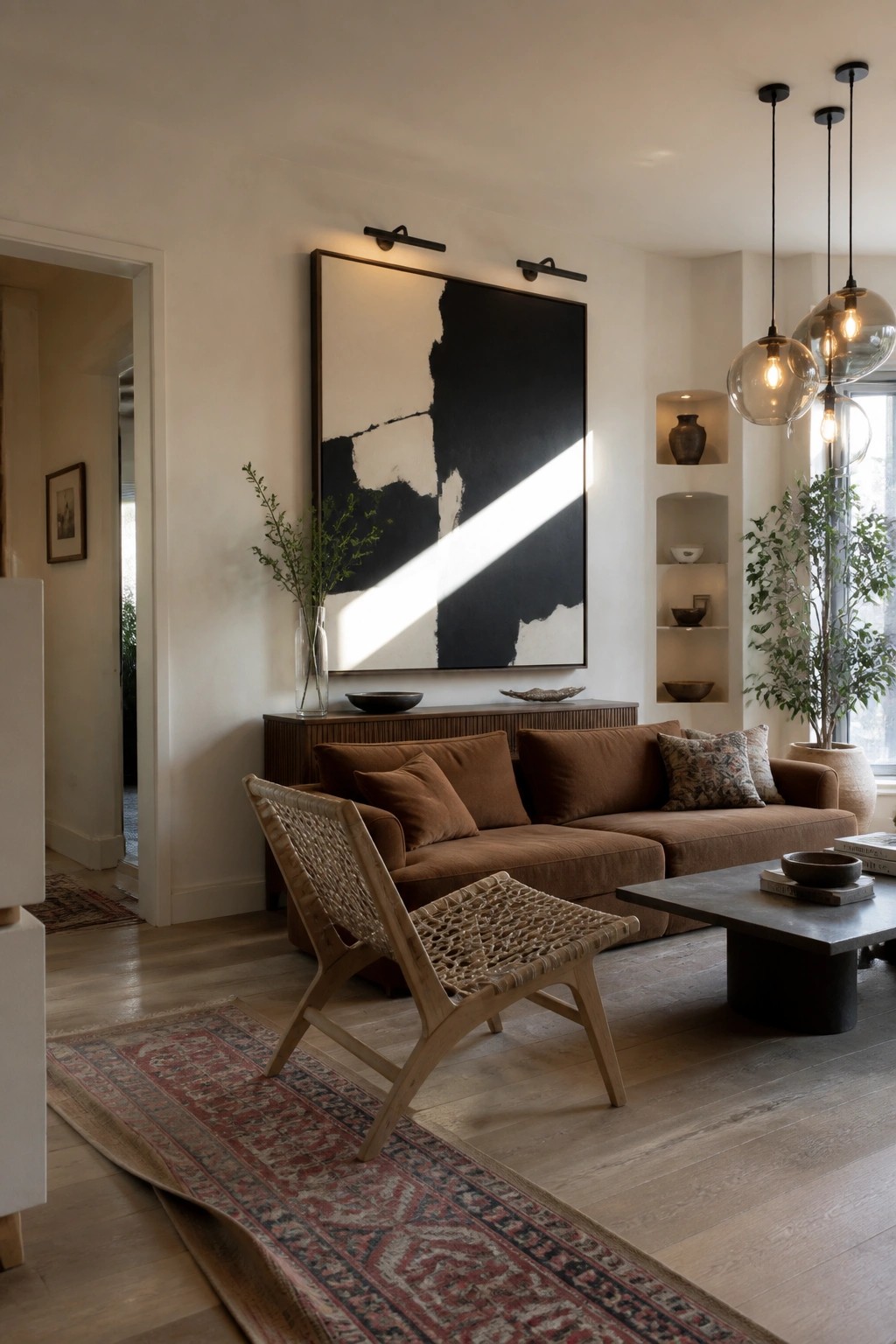 Modern living room with brown sofa, abstract black-and-white art, woven chair, and pendant lights.