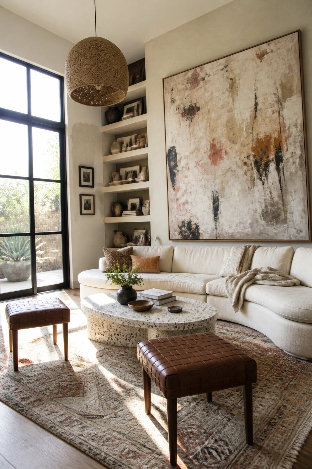 Modern living room with curved white sofa, abstract art, terrazzo table, and leather ottomans.