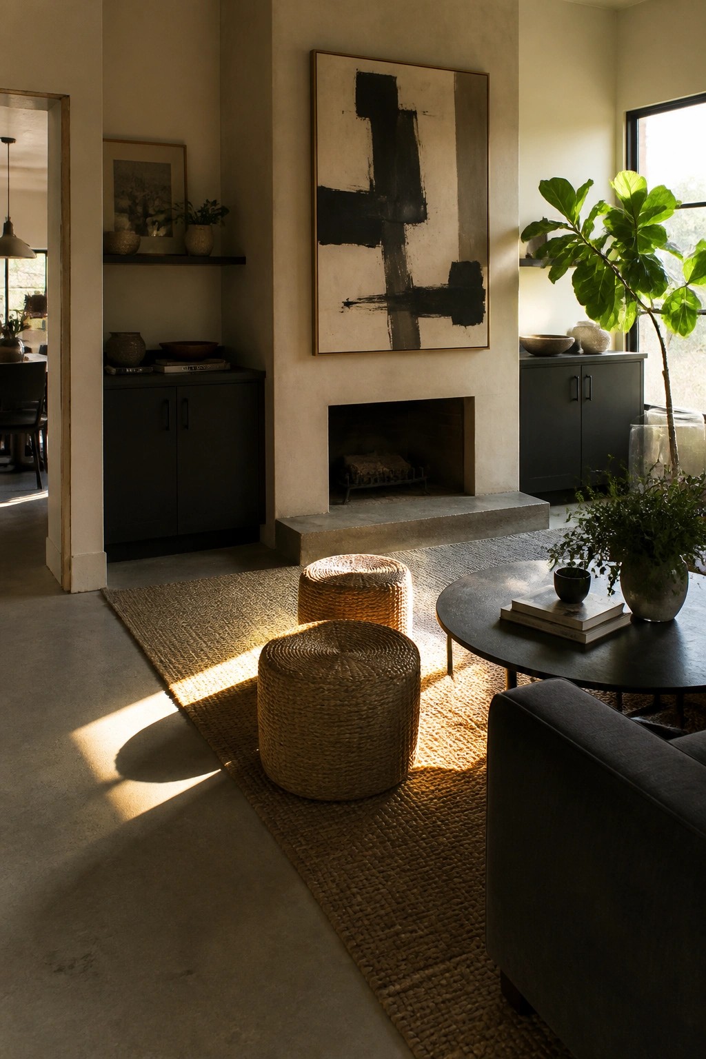 Sunlit modern living room with abstract art above concrete fireplace and woven ottomans