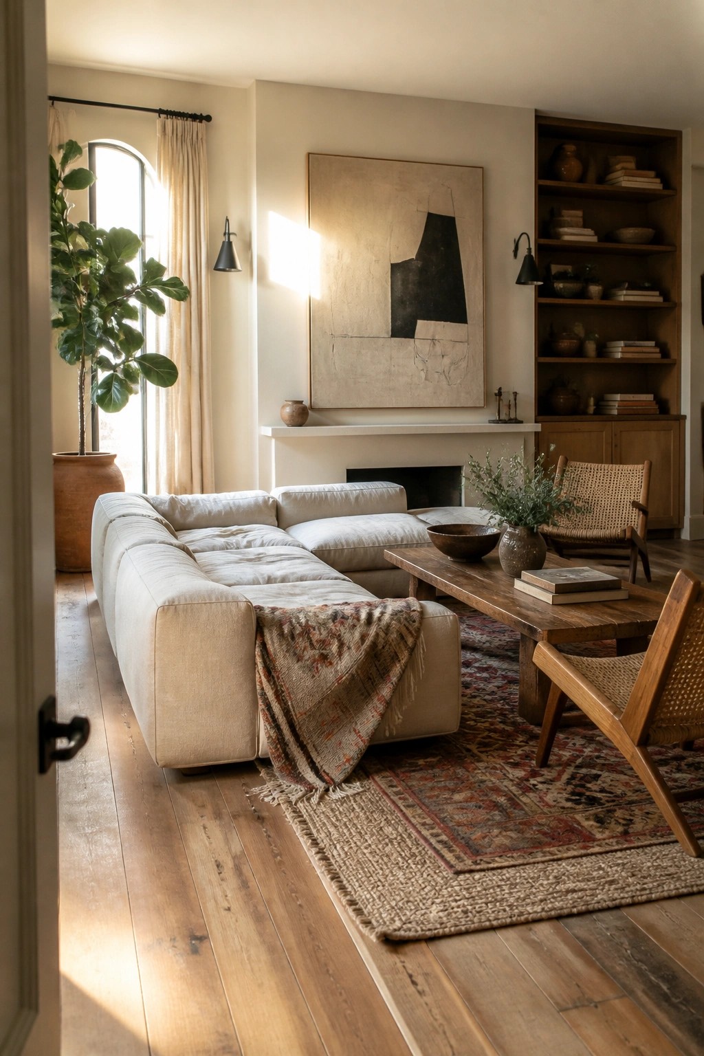 Sunlit living room with white sectional sofa, wooden table, abstract art, and layered rugs.