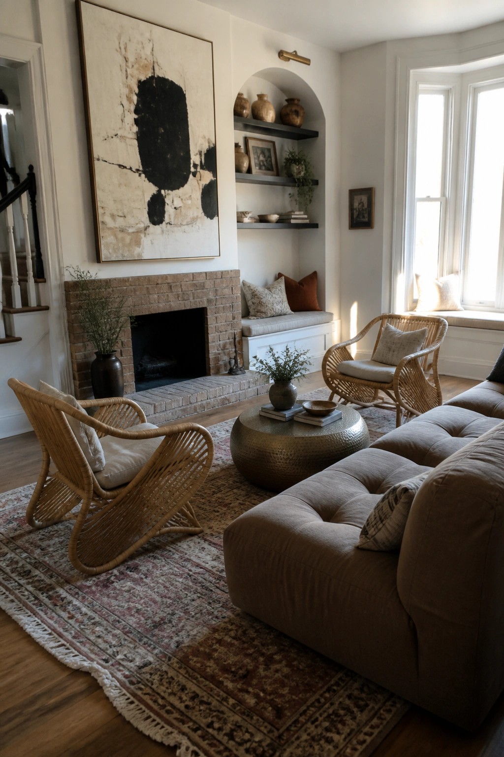 A living room with a large abstract painting above a brick fireplace, rattan chairs, and a brown sectional sofa on a patterned rug.
