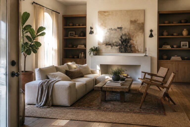 20 Bold Modern Boho Living Room Ideas Centered on Oversized Abstract Art Sunlit living room with white sectional sofa, wooden table, abstract art, and layered rugs.