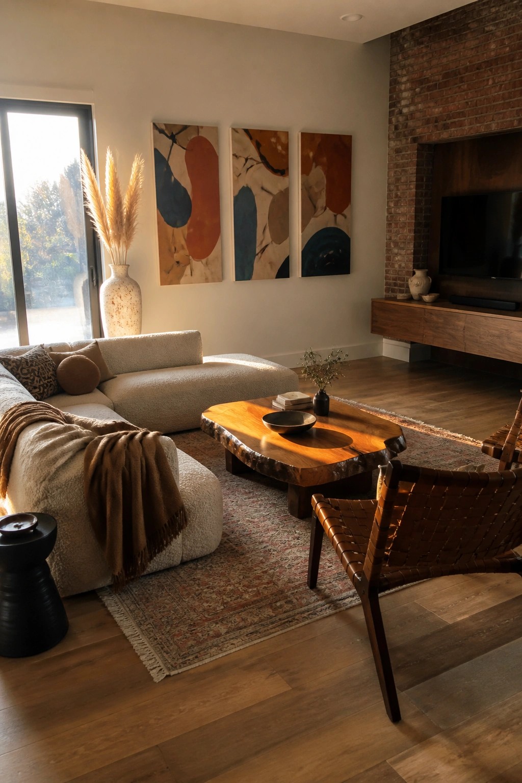 Modern living room with beige sectional sofa, live-edge table, leather chair, and abstract art.