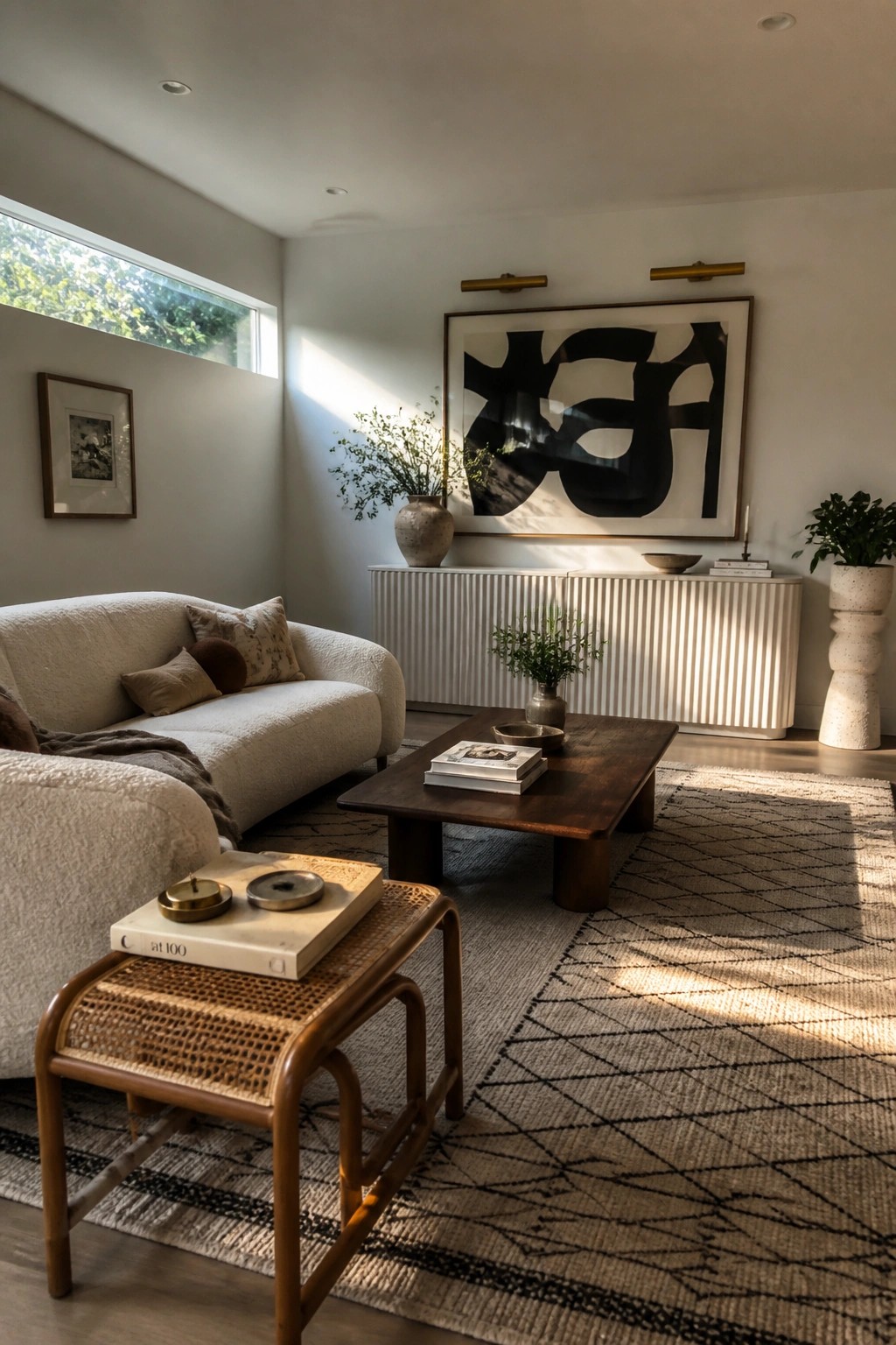A bright living room featuring a large black and white abstract painting centered above a white ribbed console, with a beige sofa, dark wood coffee table, and woven rug visible.