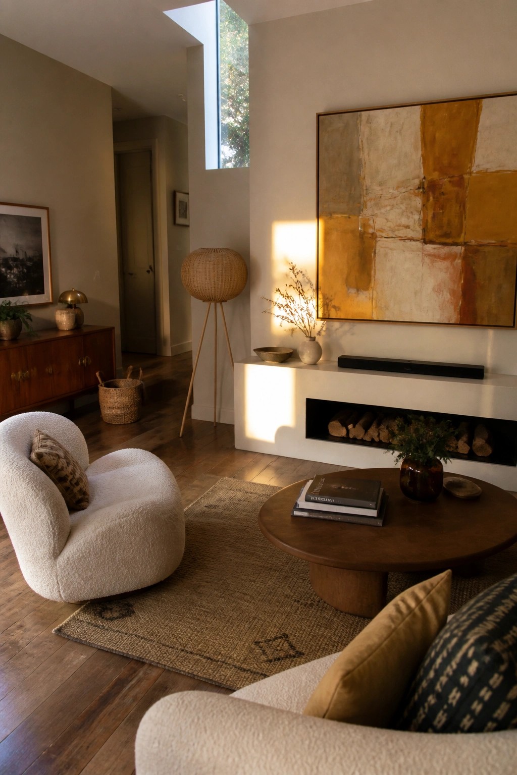 A living room with a large abstract painting in warm earth tones hanging above a white fireplace, a round wooden coffee table on a woven rug, and a white bouclé armchair in the foreground.