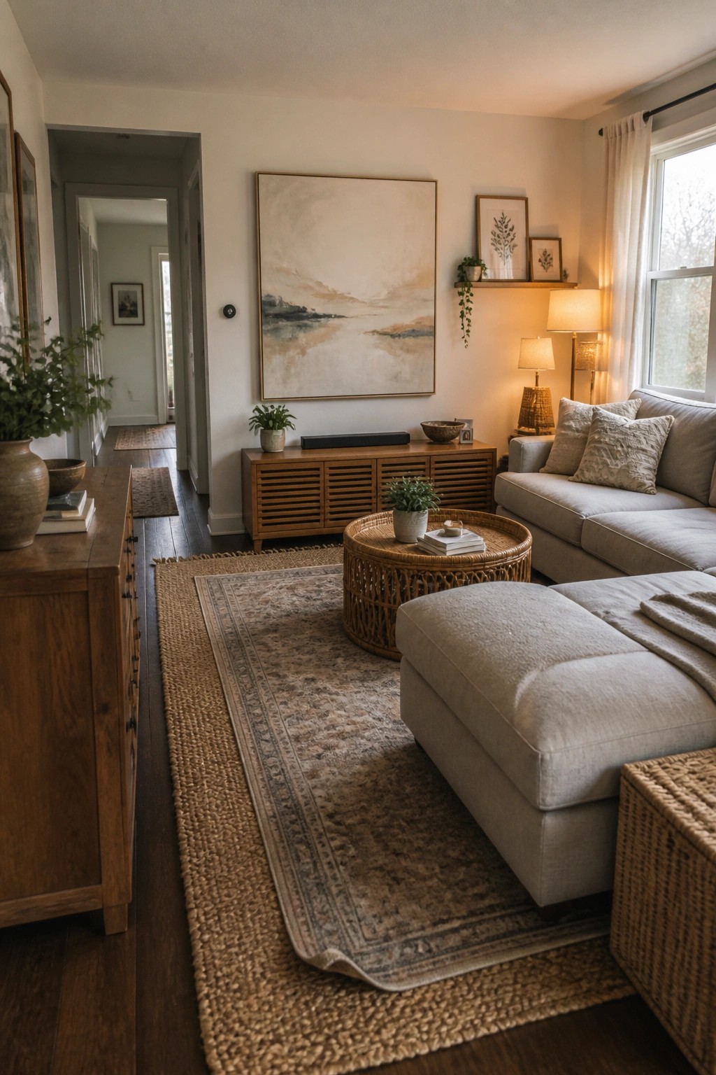 Living room interior with a large abstract painting centered above a wooden console, a light gray sectional sofa, round rattan coffee table, and layered area rugs on dark hardwood floors.