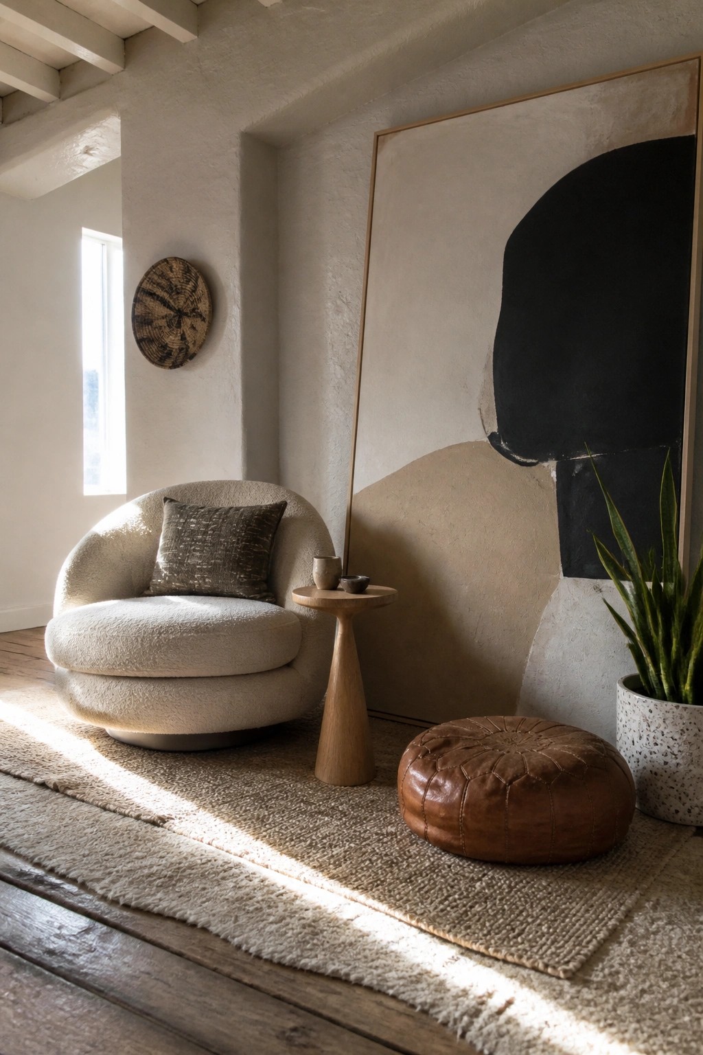 Sunlit minimalist nook with boucle chair, leather pouf, abstract painting, and snake plant.