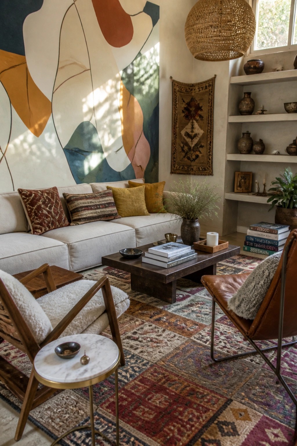 A living room featuring a large abstract mural above a white sectional sofa, with a dark wood coffee table on layered rugs and mixed seating including a brown leather chair.