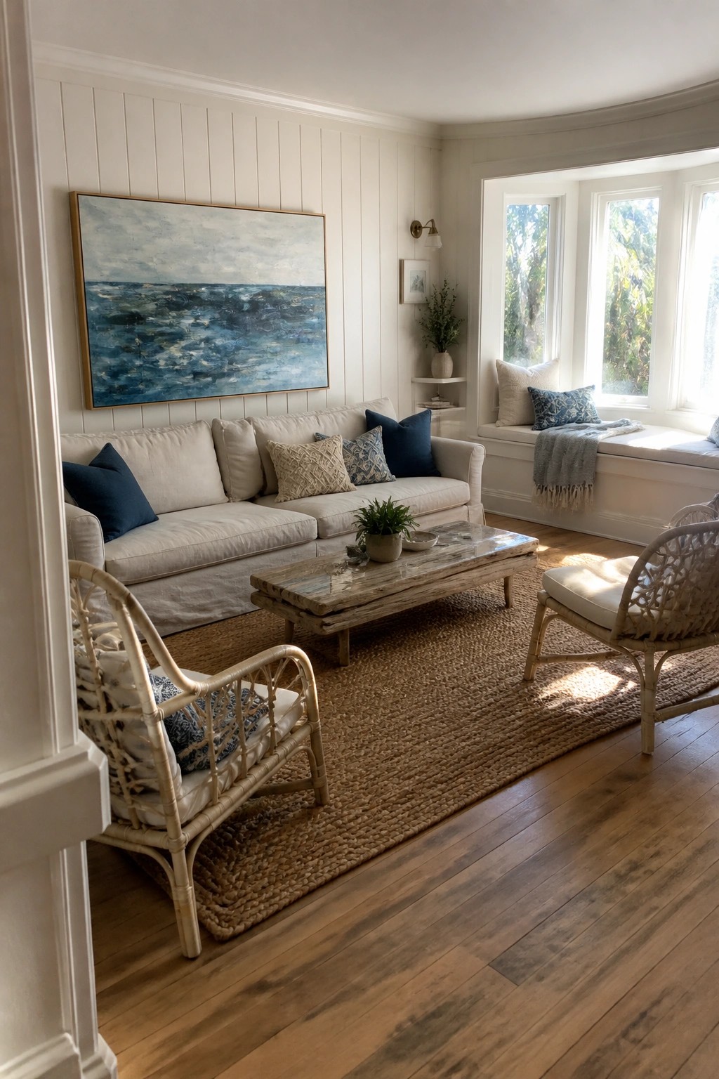 A living room featuring a large abstract seascape painting above a light-colored sofa, with a jute rug, wooden coffee table, and wicker chairs.