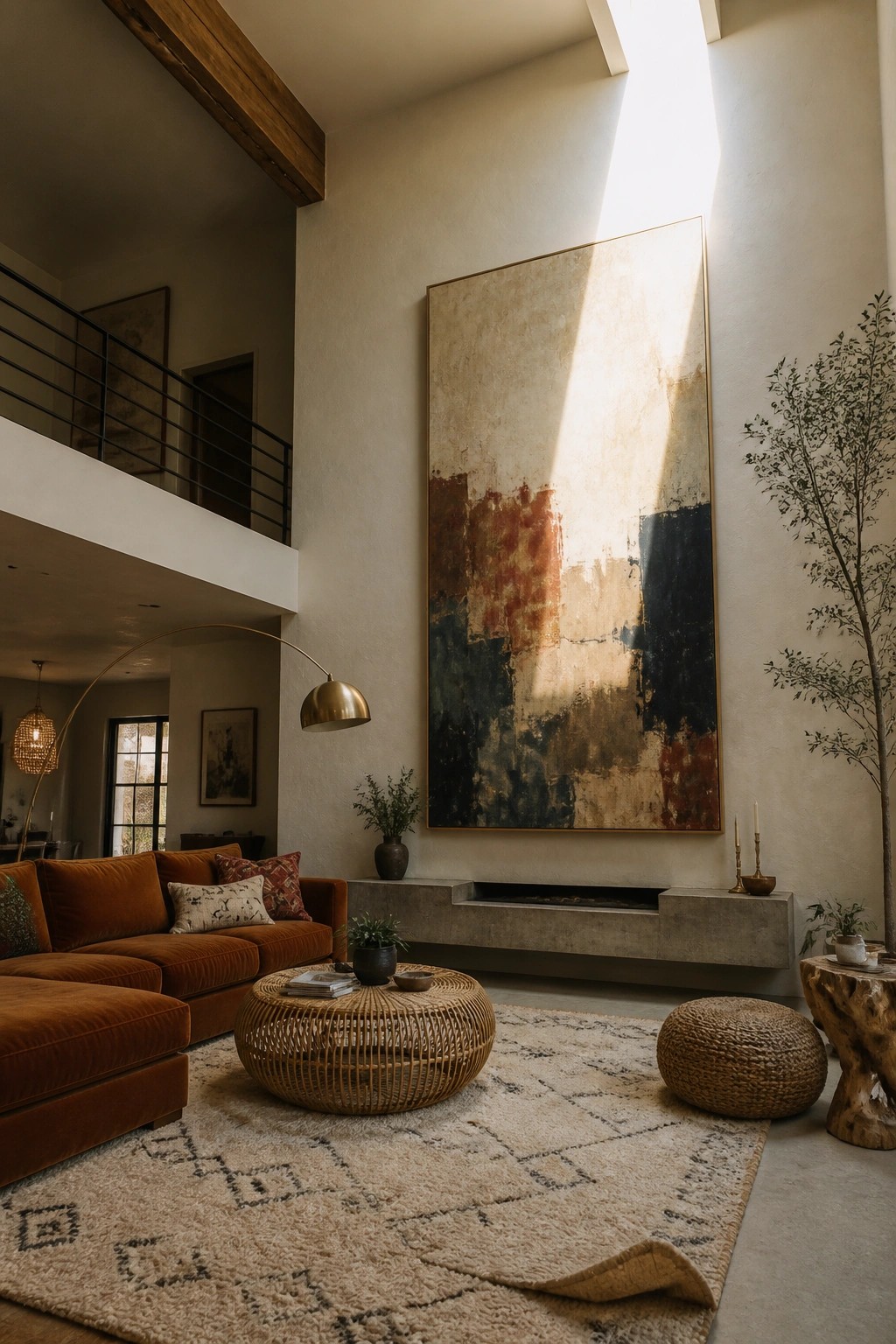 A modern living room with a high ceiling features a large abstract painting in earth tones above a concrete fireplace, an orange velvet sectional, a woven coffee table on a beige rug, and a tall tree near the wall.