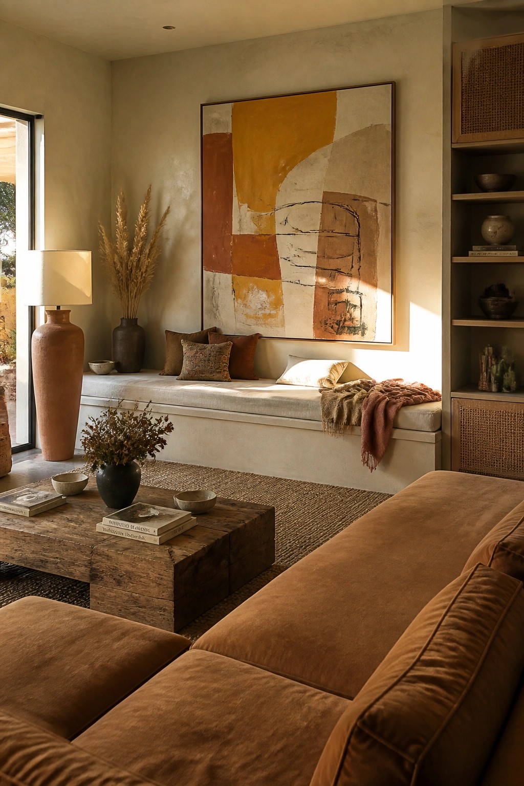 Sunlit living room with abstract painting above cushioned bench, brown sofa, and wooden table.