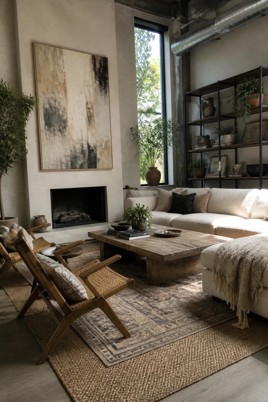 Cozy living room with beige sofa, wooden coffee table, woven chairs, and abstract art.