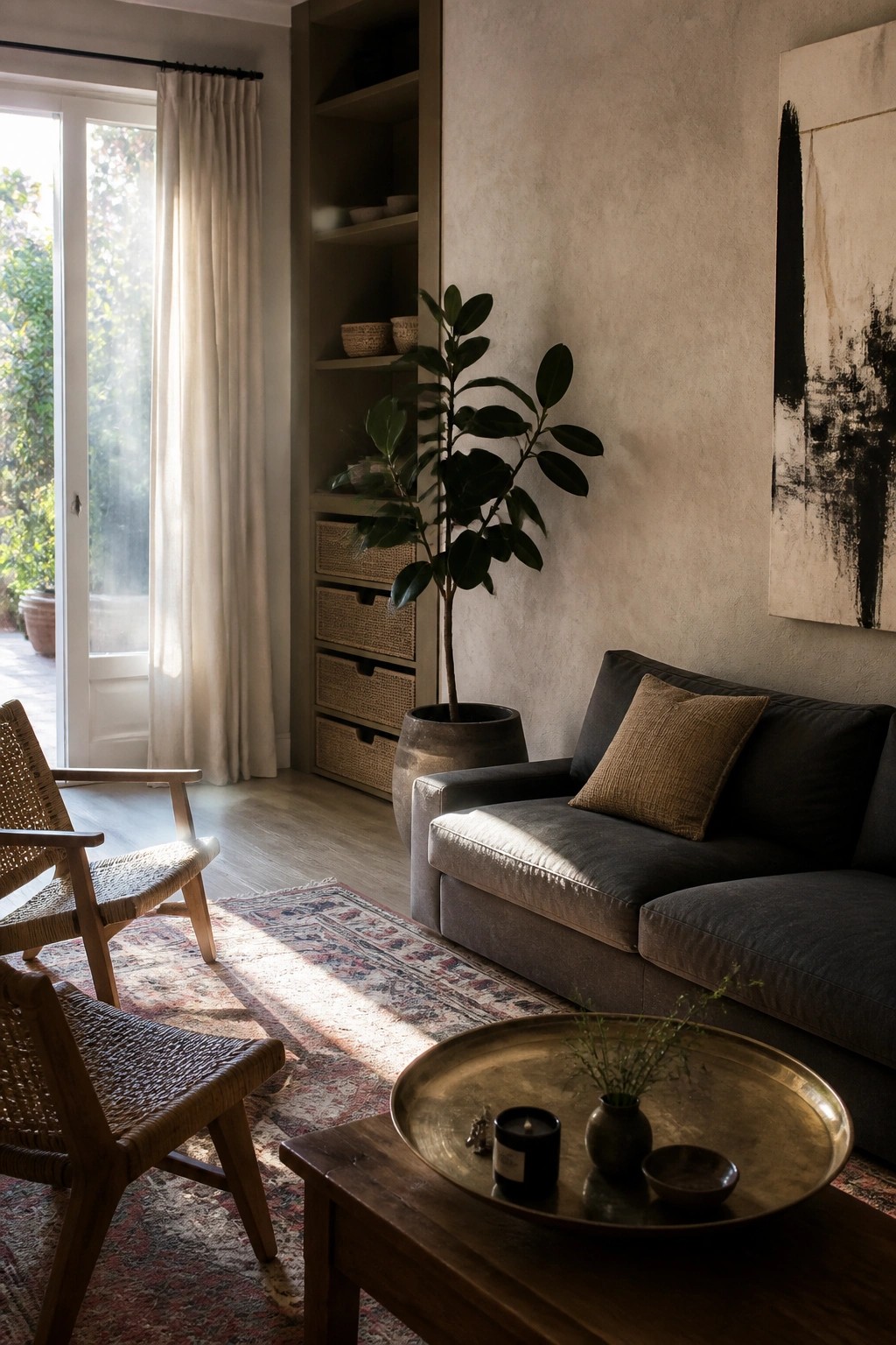 Sunlit living room with gray sofa, woven chairs, potted plant, brass tray, and abstract art.