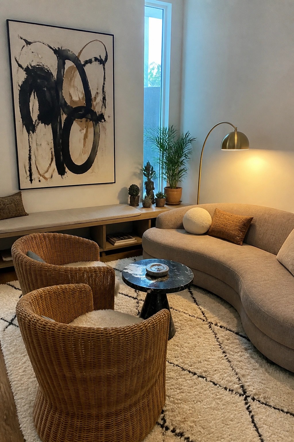 Modern living room with curved sofa, wicker chairs, abstract painting, marble table, and shag rug