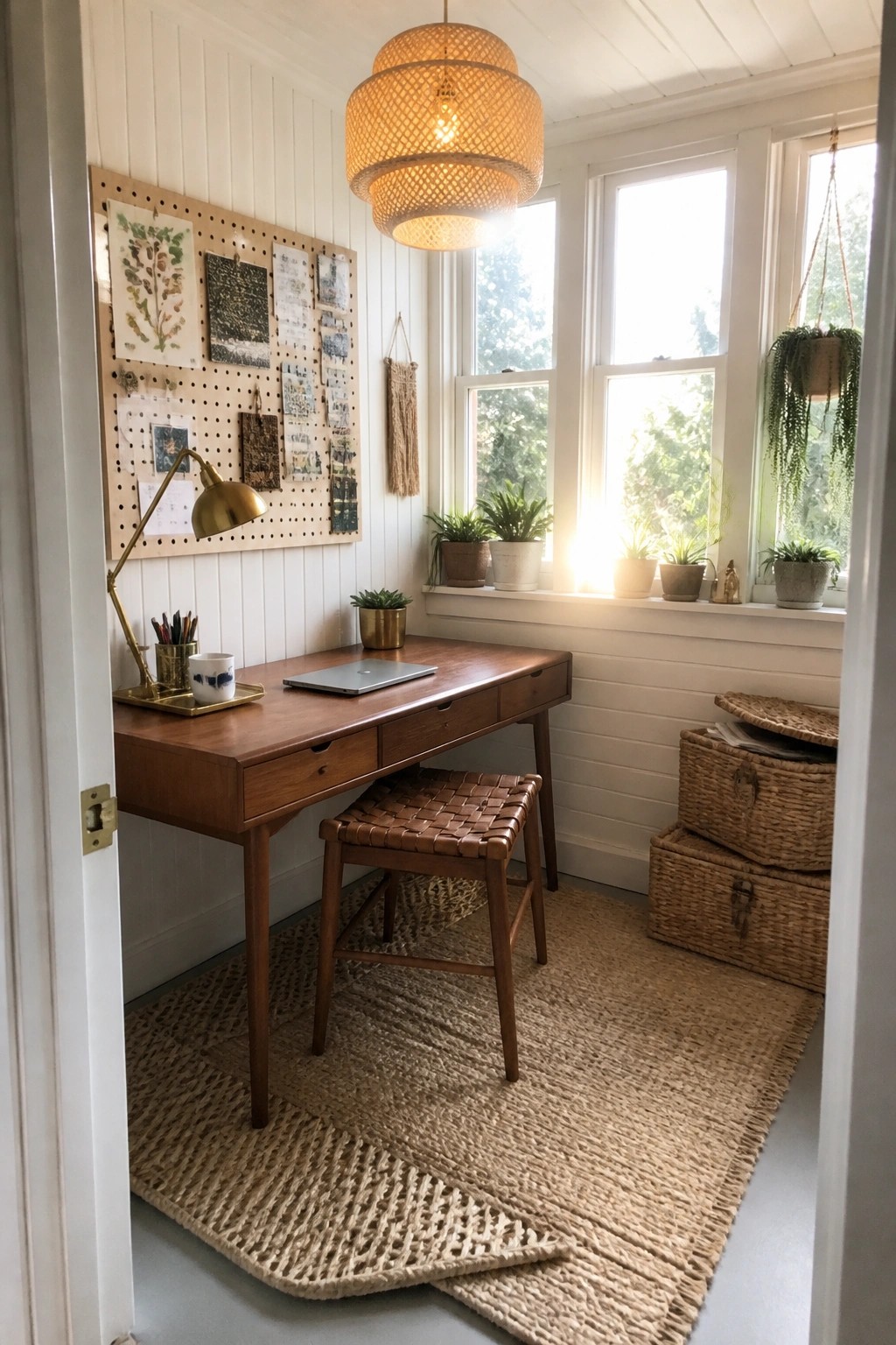 A wooden desk with a woven stool sits below a pegboard holding botanical prints and papers in a room with white walls and large windows.