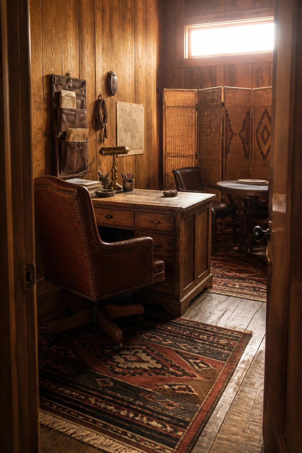 A home office features a large wooden desk with a brown leather swivel chair positioned on layered patterned rugs, set against vertical wood paneling with a window and woven room divider in the background.