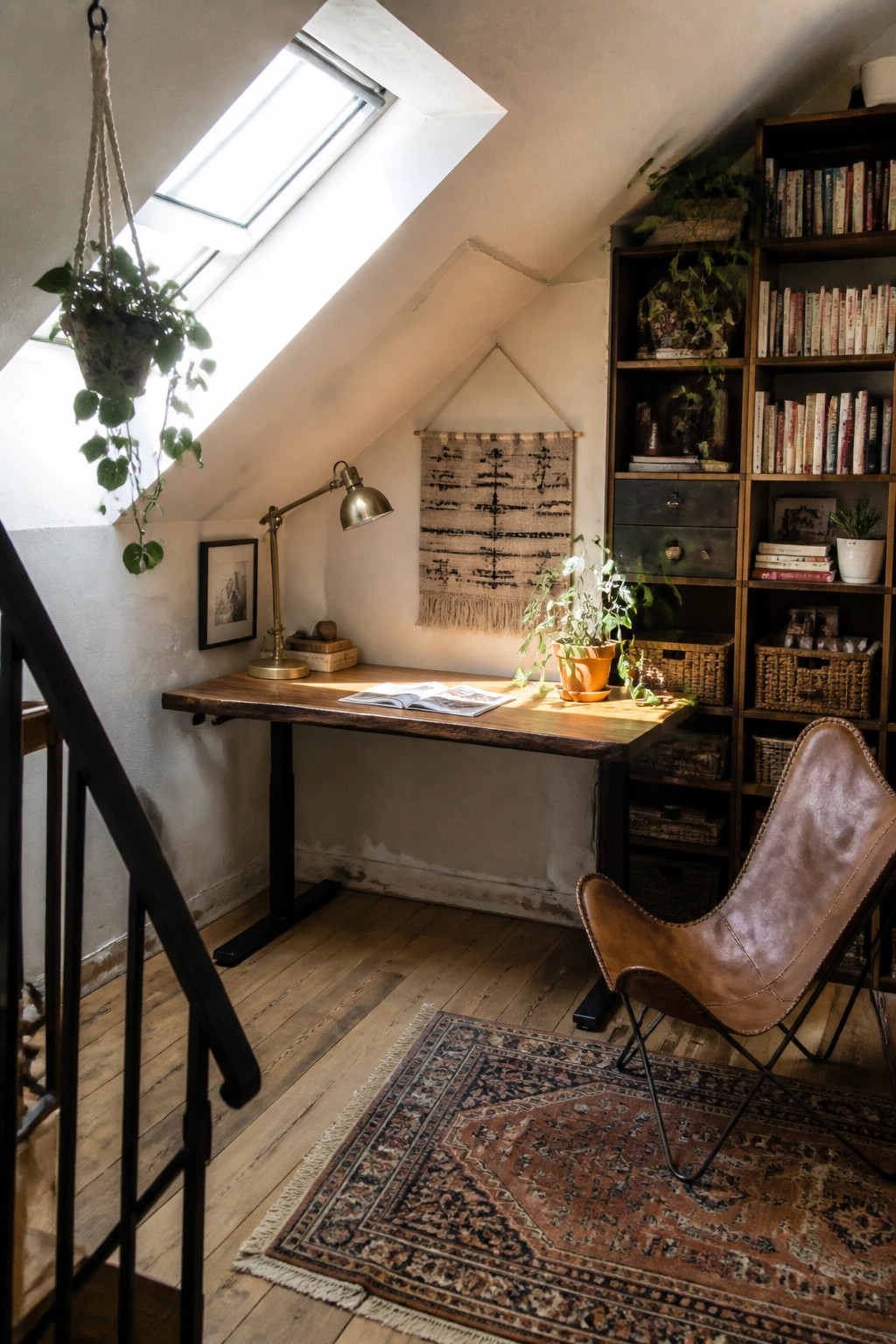 An attic home office with a wooden desk under a skylight, a brown leather chair on a patterned rug, and a tall bookshelf filled with books, baskets, and plants.