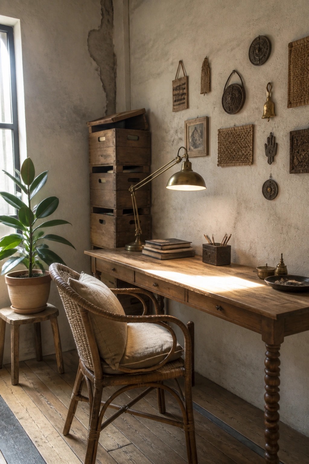 A wooden desk with a brass lamp holds stacked books and a pencil holder beside a wicker armchair with a cushion, a potted plant on a stool, and wooden crates against a wall with assorted hangings.