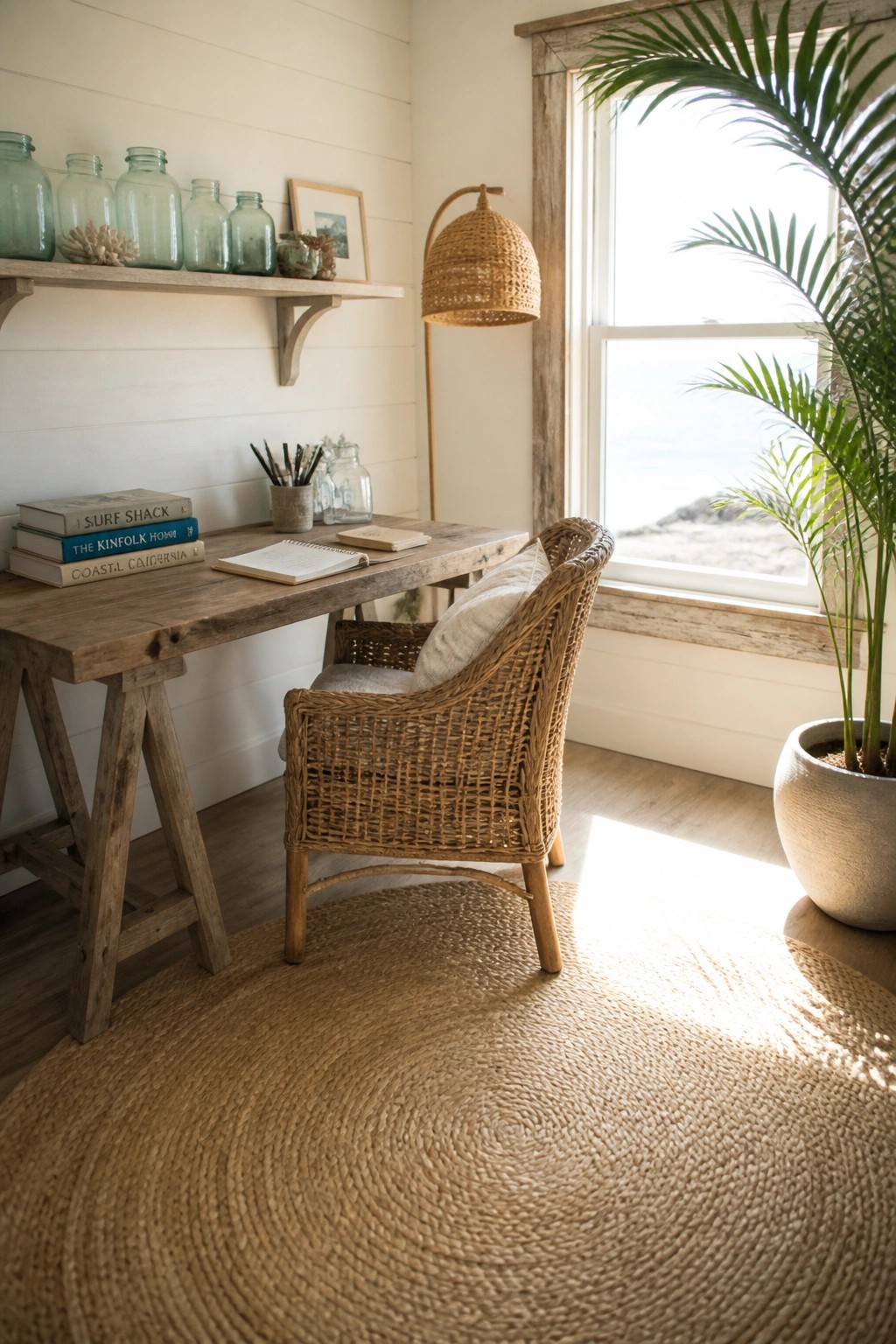A rustic wooden desk with a woven chair and round jute rug sits in front of a large window overlooking the water.