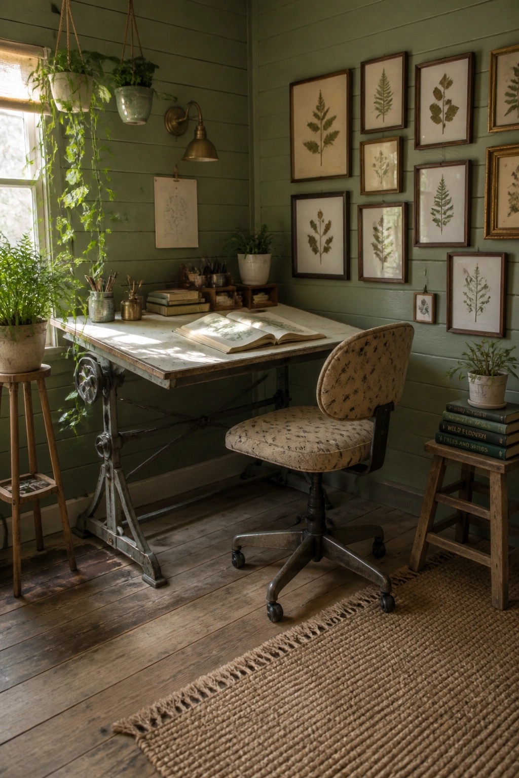 A home office interior with a green paneled wall covered in framed botanical prints, a vintage desk with an open book, a patterned swivel chair, and several potted plants.