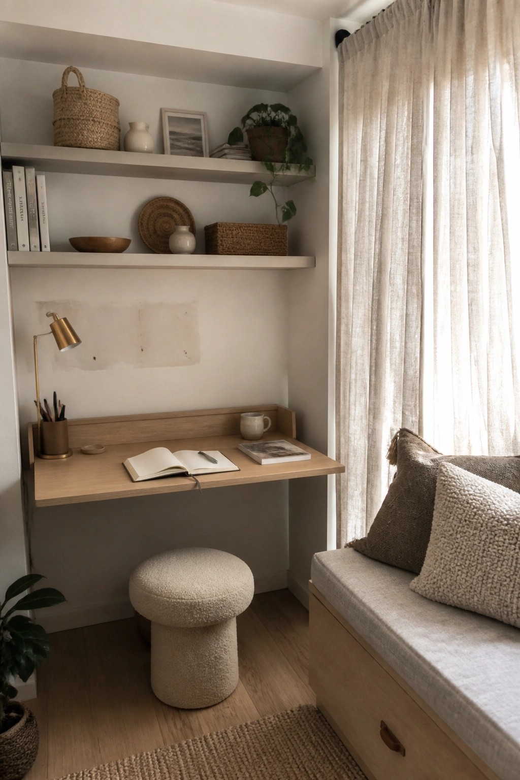 A light wood built-in desk recessed into a white alcove with open shelves above, a round upholstered stool below, and a cushioned window seat with pillows on the right.