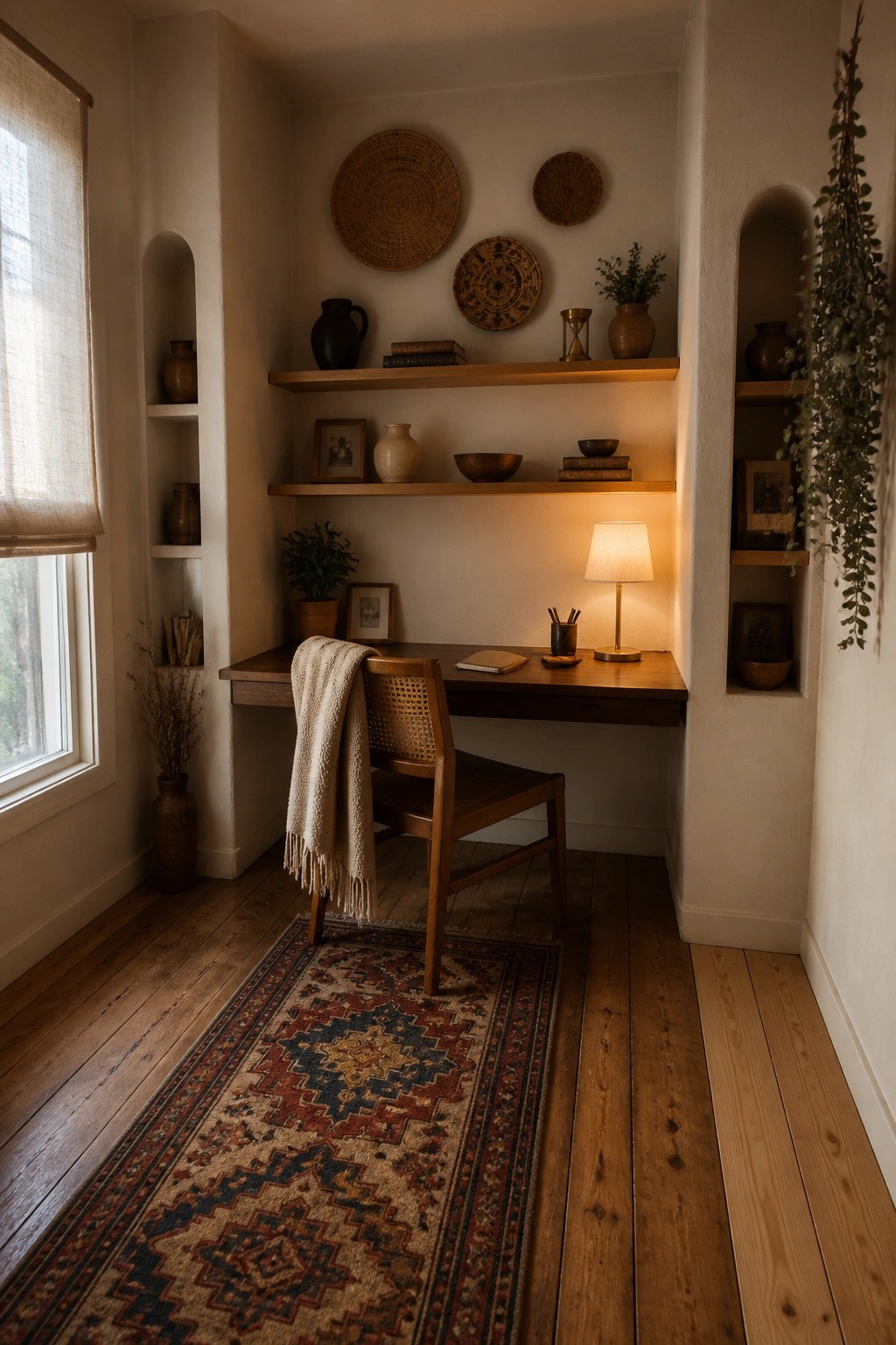 A small wooden built-in desk with floating shelves above it sits in a light-colored alcove, accompanied by a woven chair, patterned rug, and a lit table lamp.