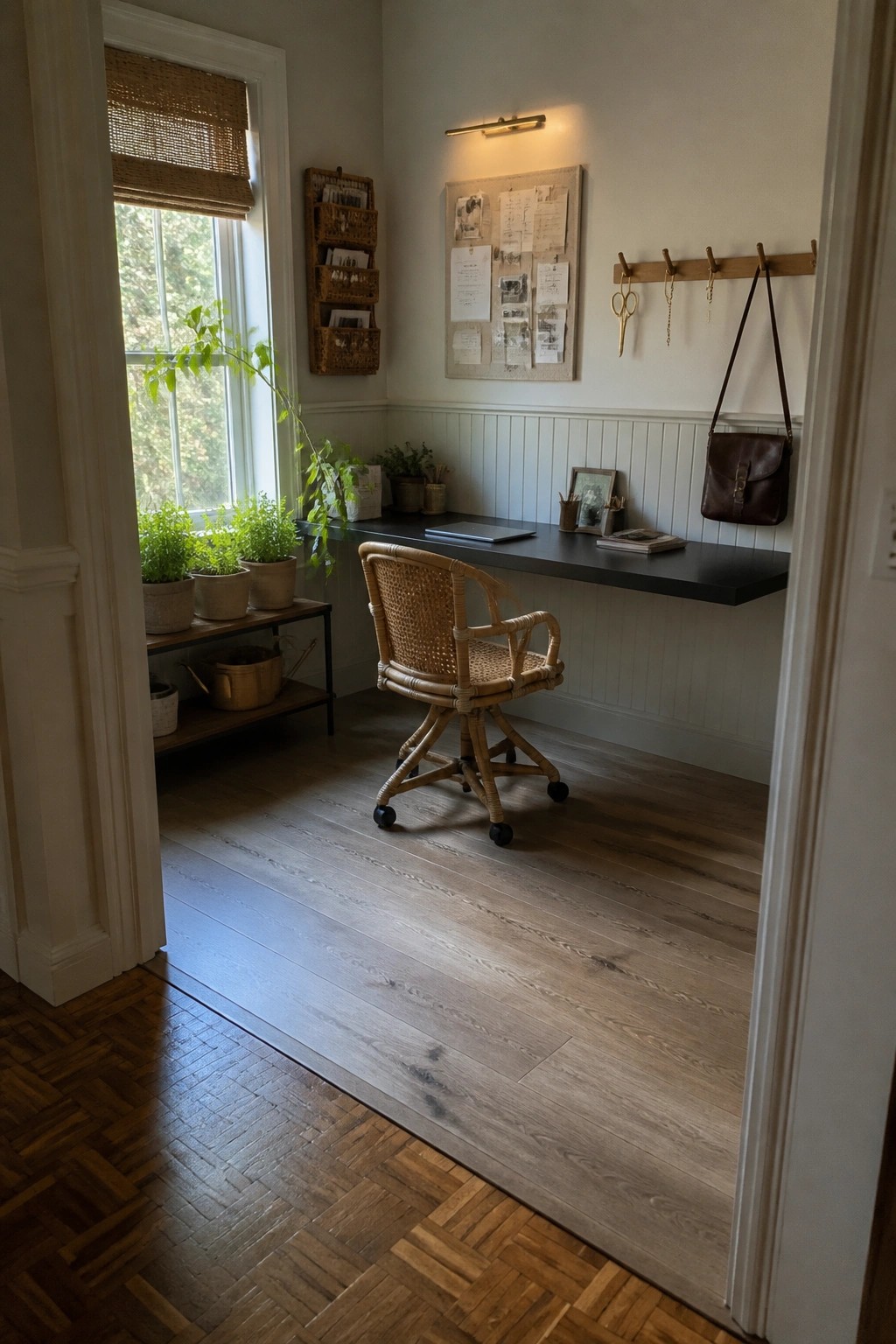 A home office interior with a black floating desk along white wainscoted walls, a rattan swivel chair on wheels, potted plants on a low side table by the window, and a corkboard above the desk.