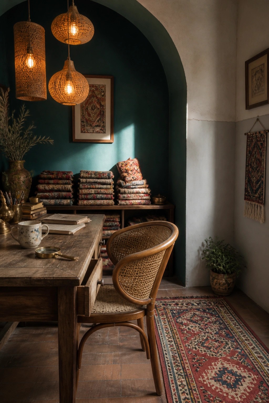 Cozy wooden desk with cane chair under woven lamps amid stacked fabrics and teal walls