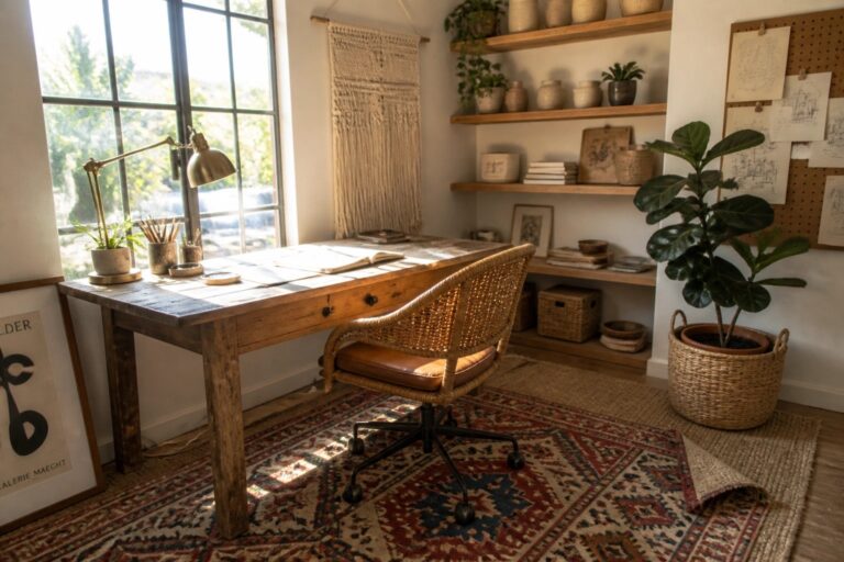 20 Chic Boho Home Office Ideas That Boost Creativity and Focus A wooden desk with an open notebook and brass lamp sits beside a large window in a boho home office, with a woven chair, macrame wall hanging, and wooden shelves visible.