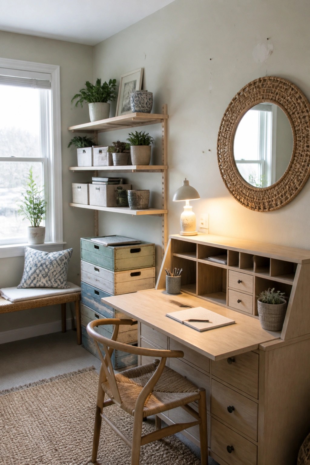 A light wood desk with open cubbies and drawers sits under wall-mounted shelves holding storage boxes and potted plants in a room with a woven chair and round mirror.