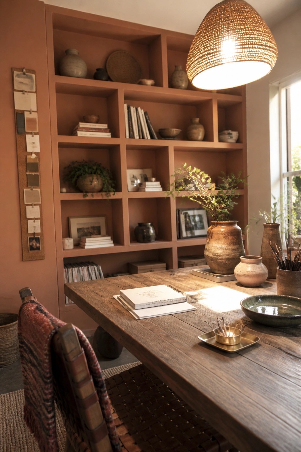 A wooden desk with an open notebook sits in front of built-in shelves painted in a warm terracotta color, holding books, pottery, and plants.