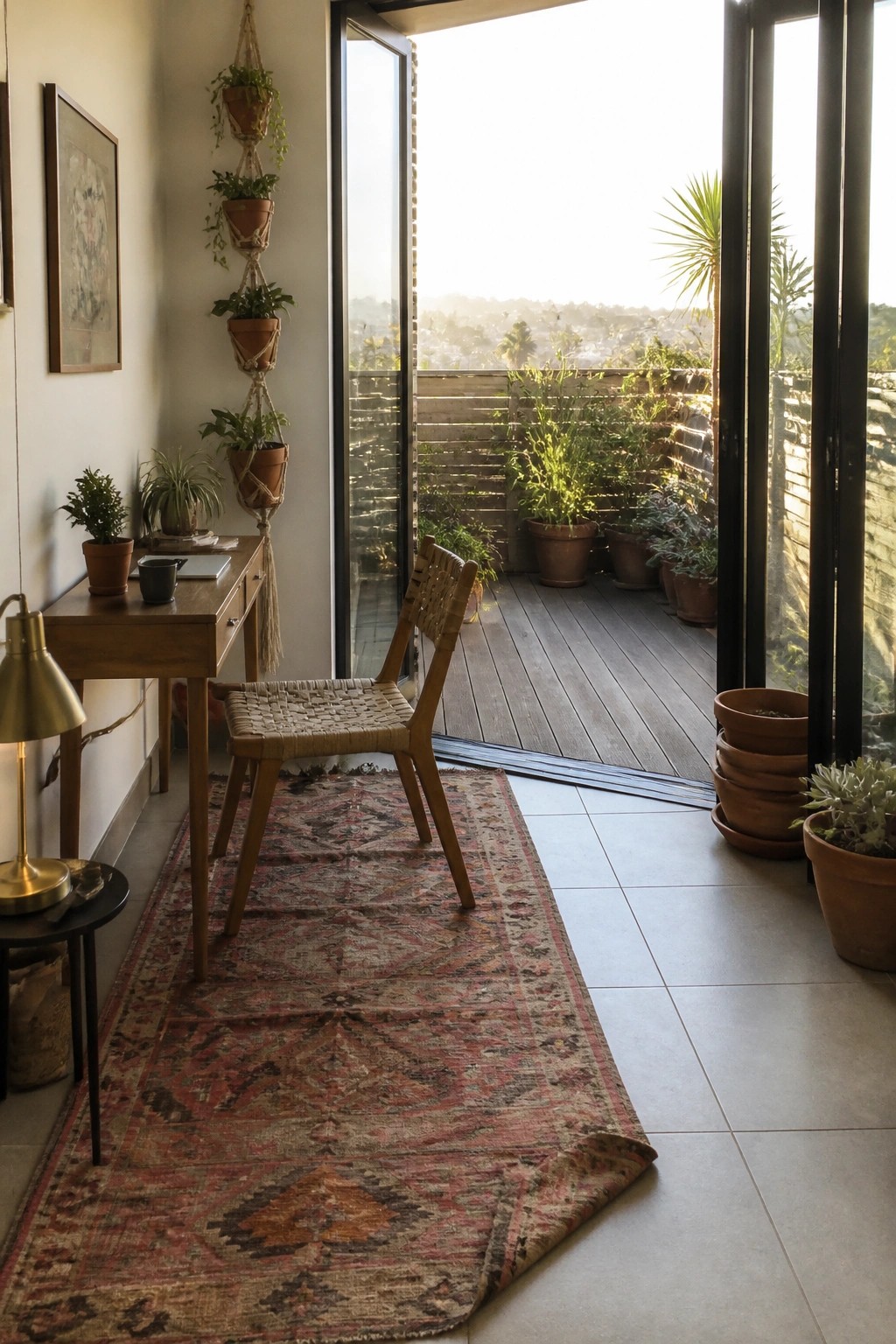 A wooden desk with a woven chair on a patterned rug sits near large open doors leading to a plant-filled balcony.