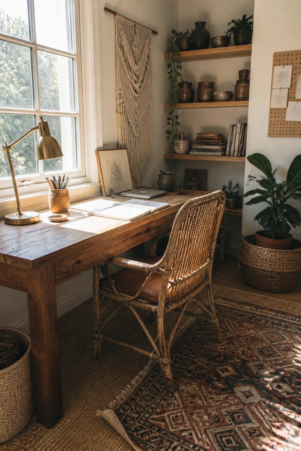 A wooden desk with an open notebook and brass lamp sits beside a large window in a boho home office, with a woven chair, macrame wall hanging, and wooden shelves visible.